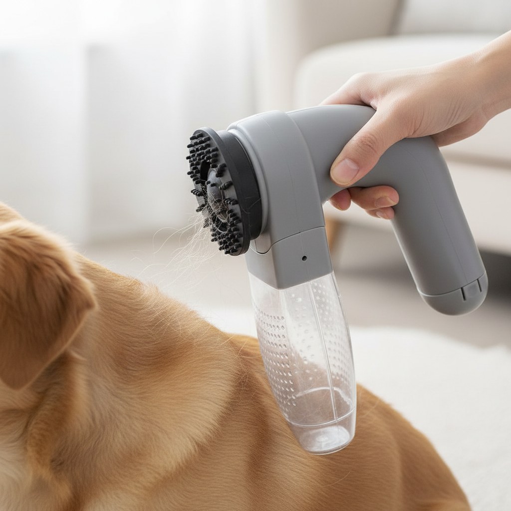 Mano pasando el aspirador de pelo de mascotas por el pelaje de un perro mediano