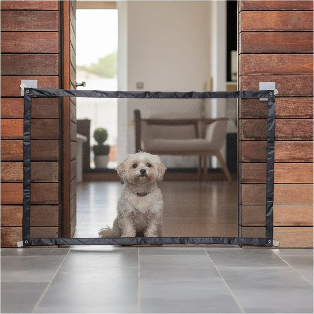 Barrera para perros colocada en el marco de una puerta con un perro pequeño al otro lado