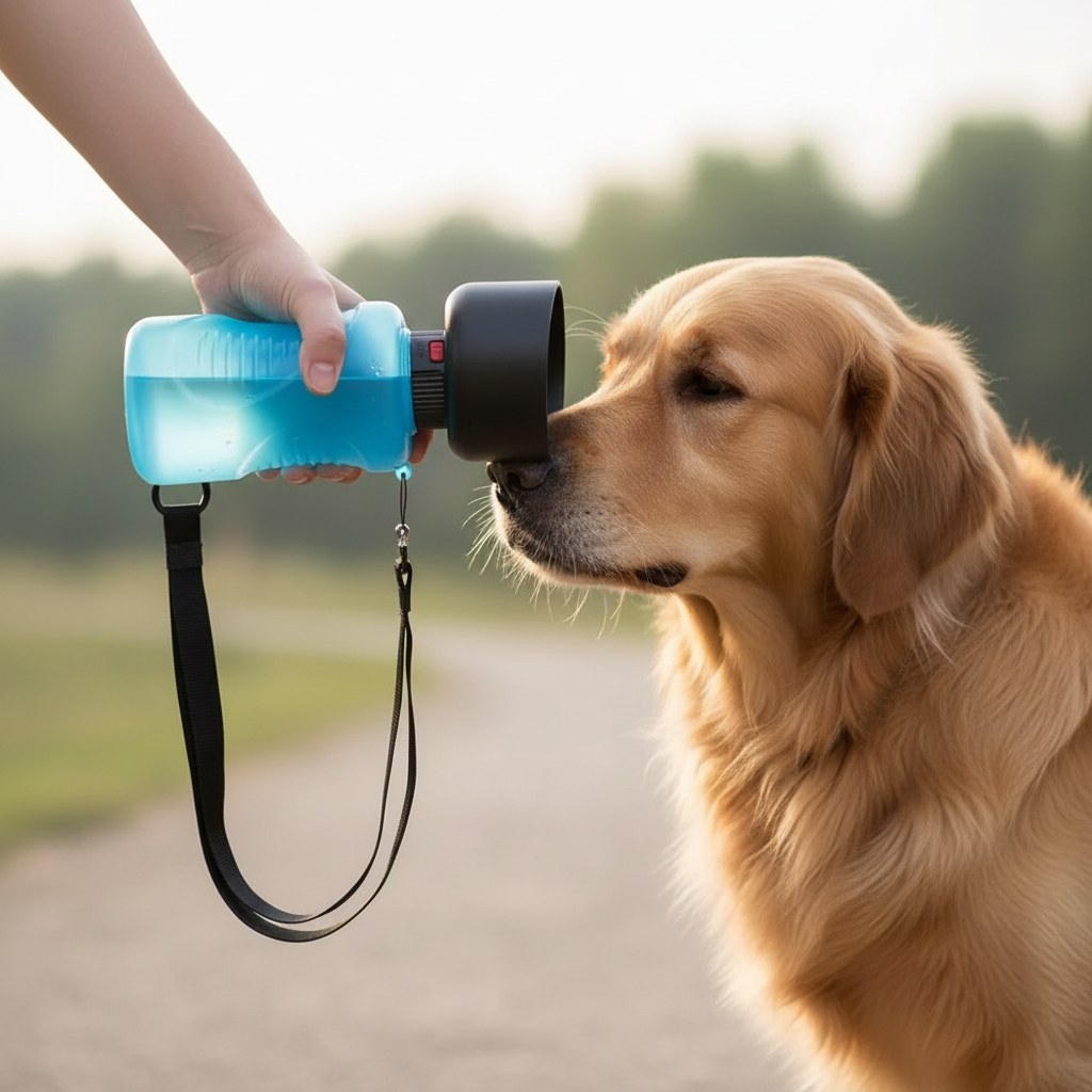 Mano ofreciendo agua desde el cuenco abierto de la botella a un perro mediano durante un paseo
