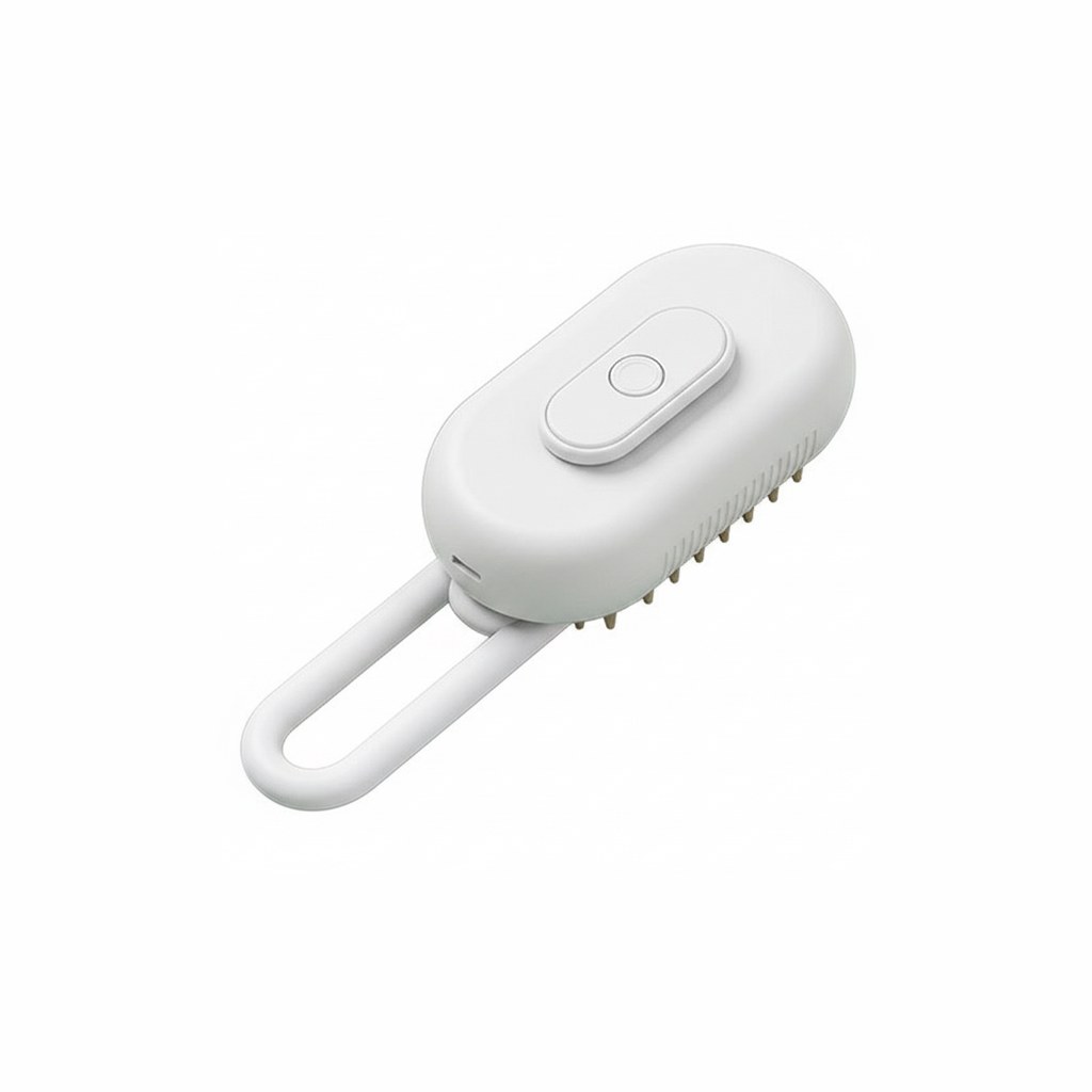 Cepillo de Vapor para Mascotas con Pulverizador USB-C - hero Cepillo de vapor para mascotas sobre fondo claro, vista de tres cuartos con cabezal de puntas y asa plegable