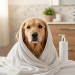 Perro envuelto en una toalla clara tras el baño, con el pelo limpio