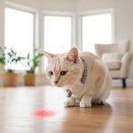 Gato con el collar láser puesto mirando el punto de luz roja en el suelo