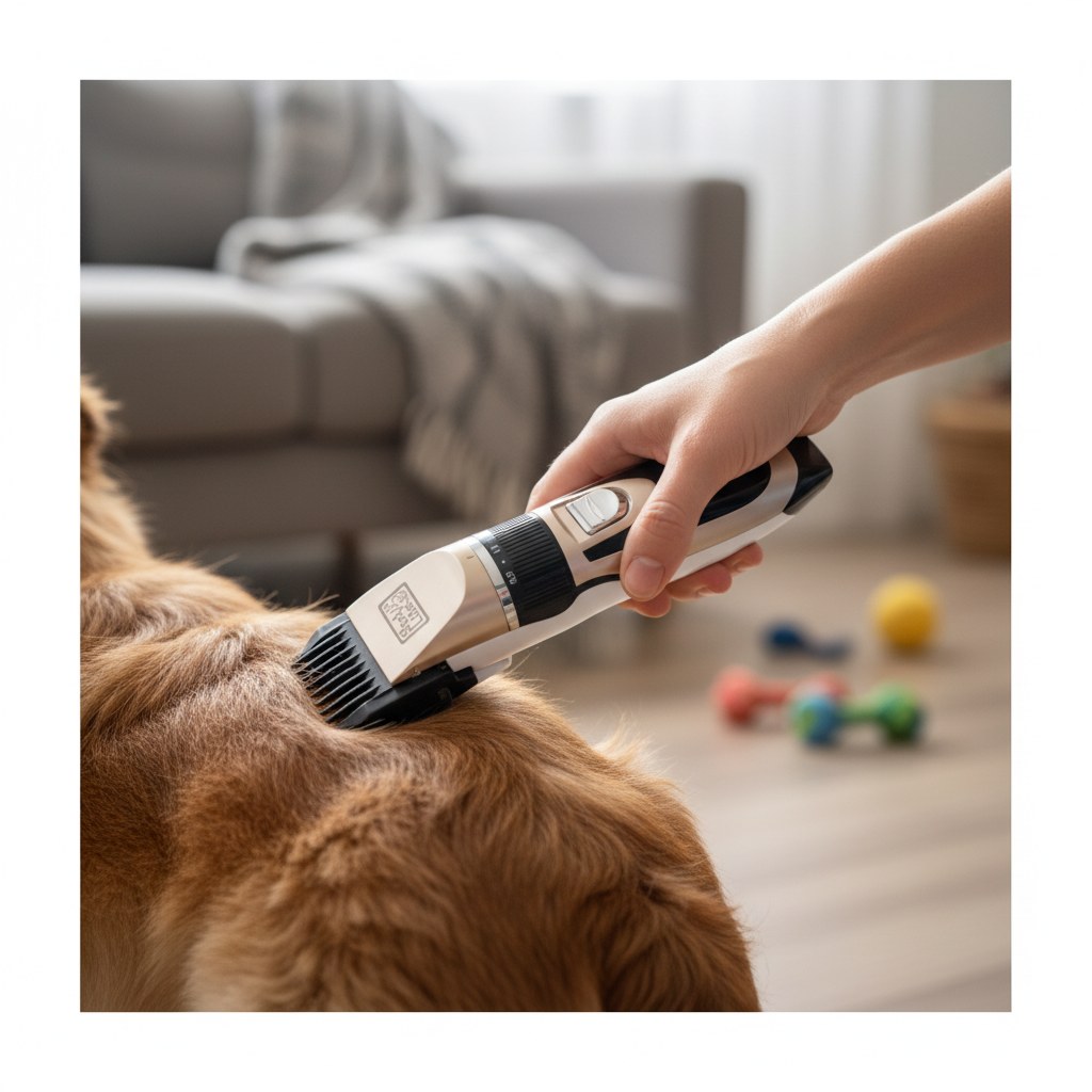 Mano pasando el cortapelo por el lomo de un perro de pelo medio