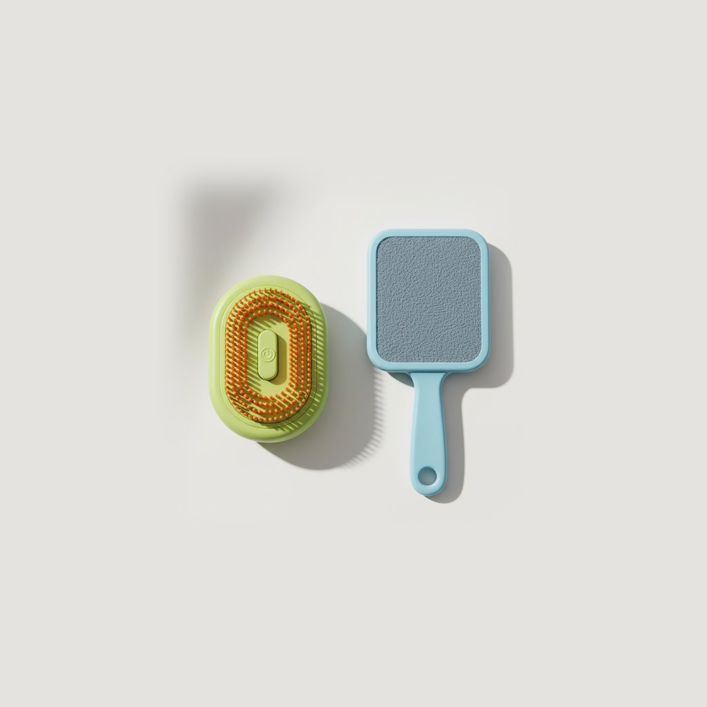 Pack Cepillos para Mascotas con Pulverizador y Quitapelusas - hero Pack de dos cepillos para mascotas: cepillo con pulverizador y cepillo quitapelos sobre fondo claro