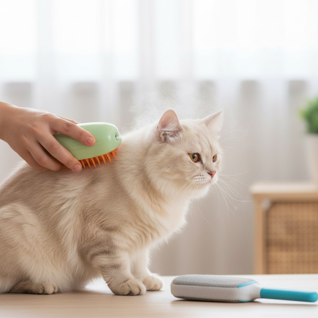 Mano cepillando a un gato de pelo claro con el cepillo con pulverizador y una fina bruma