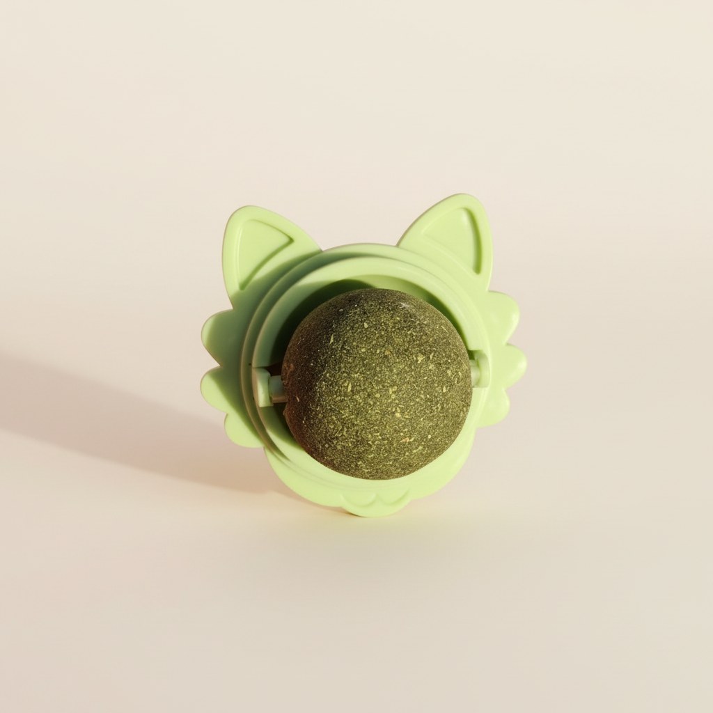 Bola de catnip giratoria para gatos sobre fondo claro
