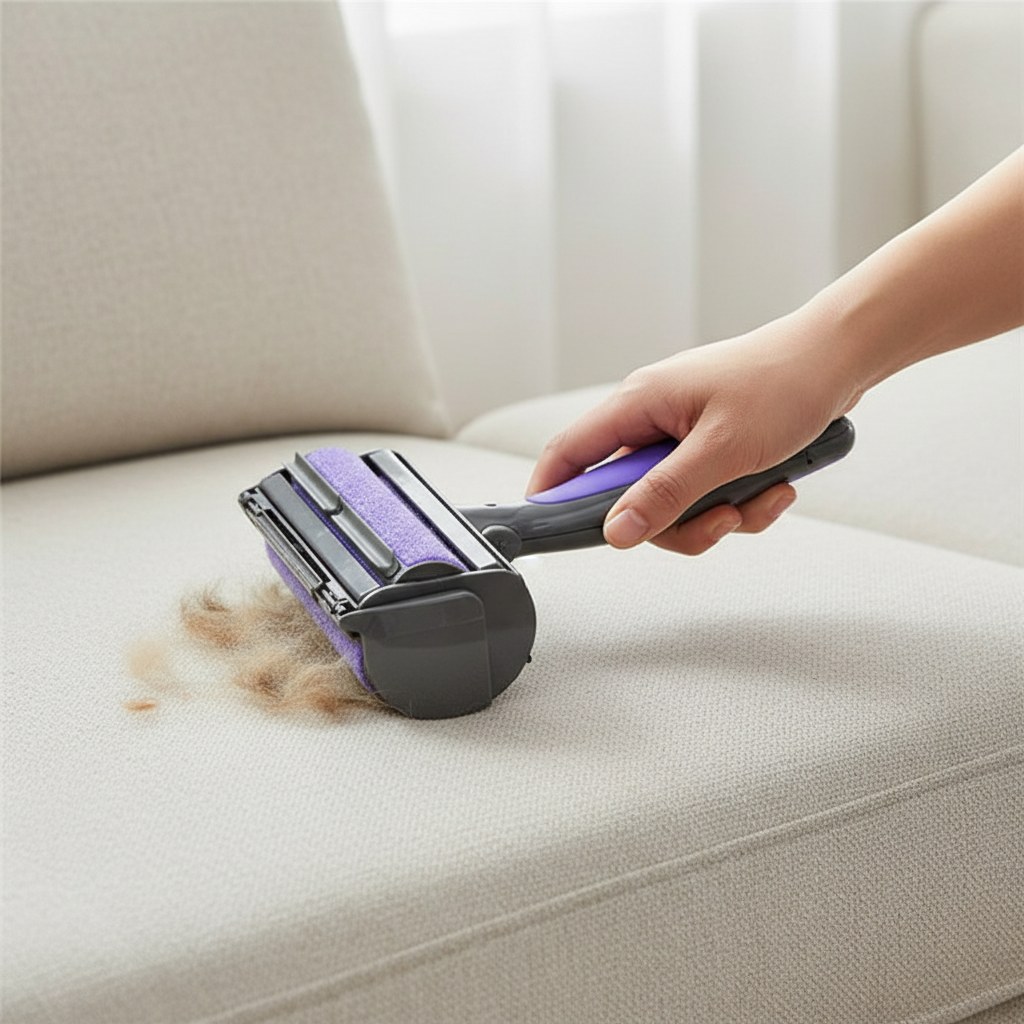 Mano usando el removedor de pelo sónico sobre un sofá de tela clara